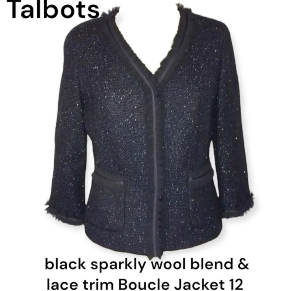 Talbots Tweed wool Boucle Jacket black sparkly lace ruffle fray trim Women's 12